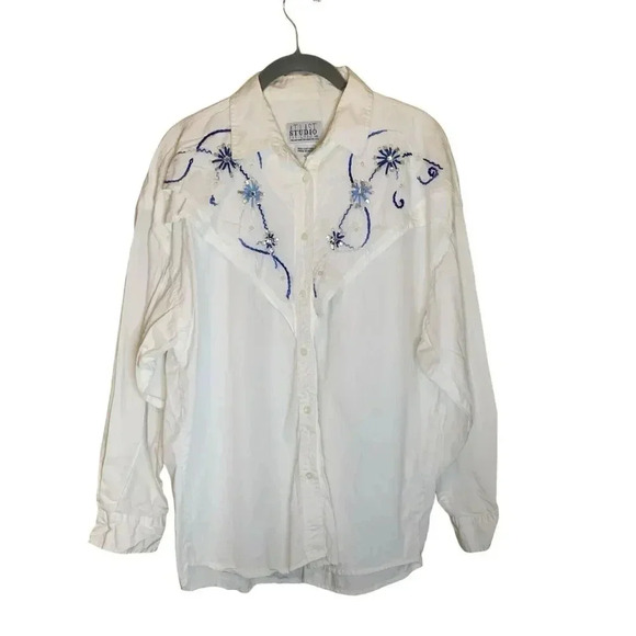 Vintage Embroidered Beaded Western Blouse Shirt Womens Size XL White Blue Button - Picture 6 of 6